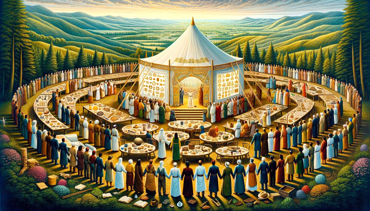 Illustration of Amos's prophecy being fulfilled with a rebuilt tent of David and diverse nations gathered