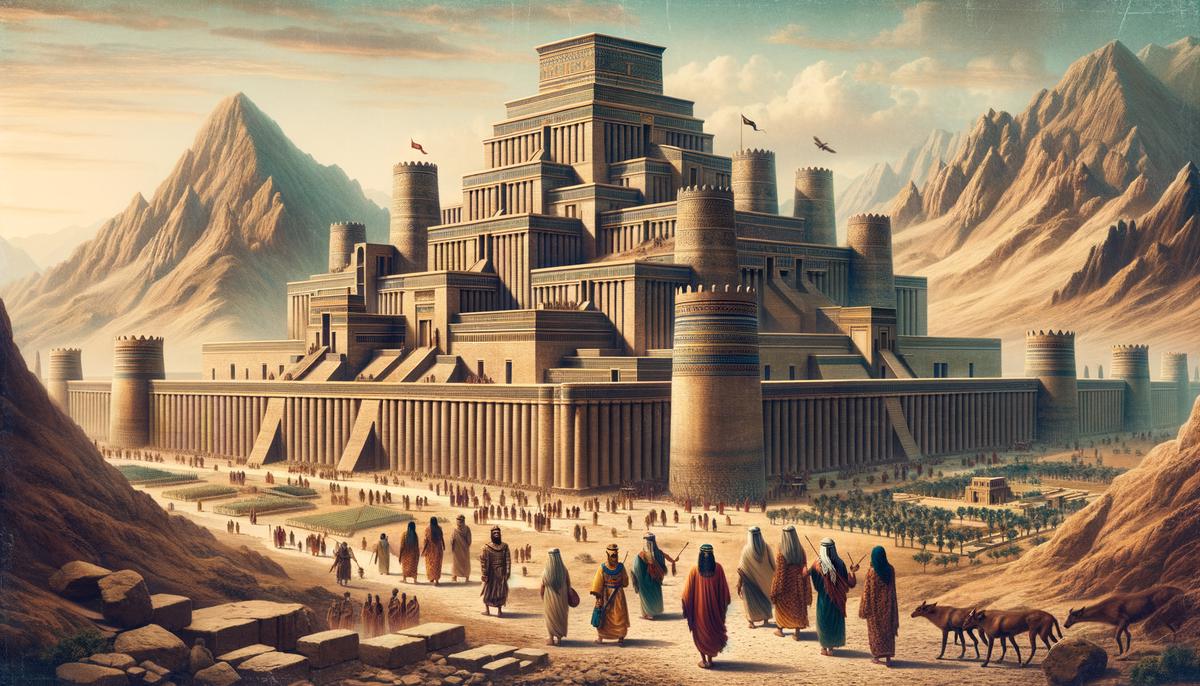 The ancient city of Babylon in its full glory, with the Hanging Gardens visible