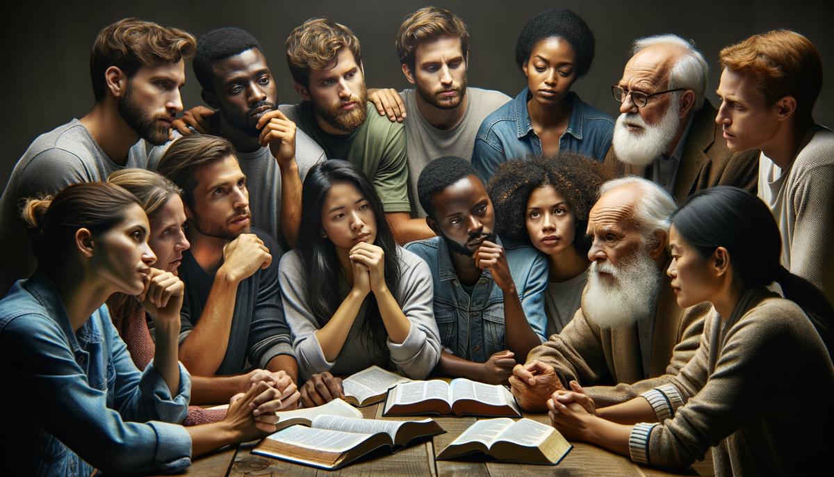 A group of diverse people studying and discussing biblical prophecy texts together