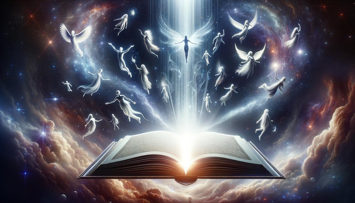 An open celestial book with names glowing, surrounded by rising figures in light and darkness