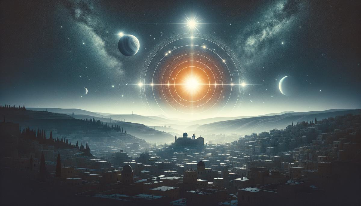 A celestial conjunction of Venus and Jupiter forming a bright star over ancient Bethlehem