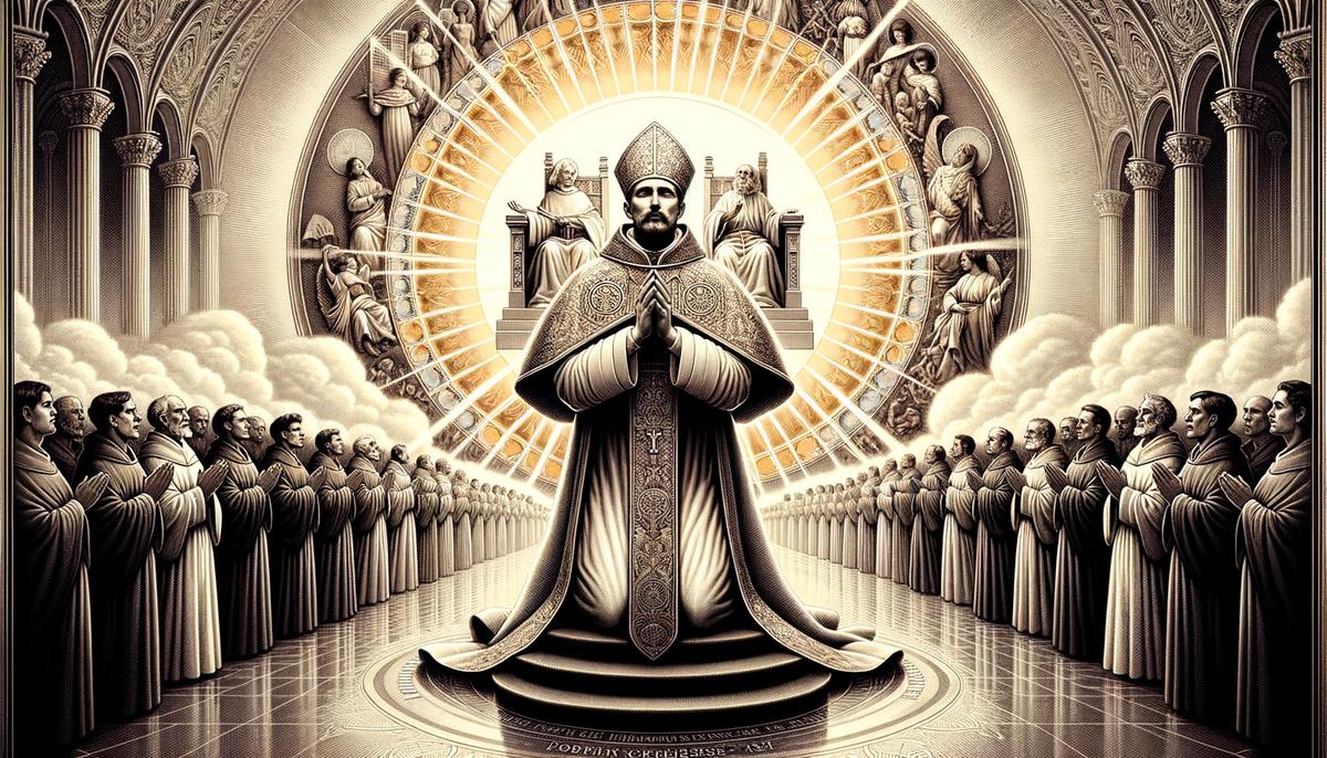 Jesus Christ in priestly robes interceding before a heavenly throne, with silhouettes of believers visible below