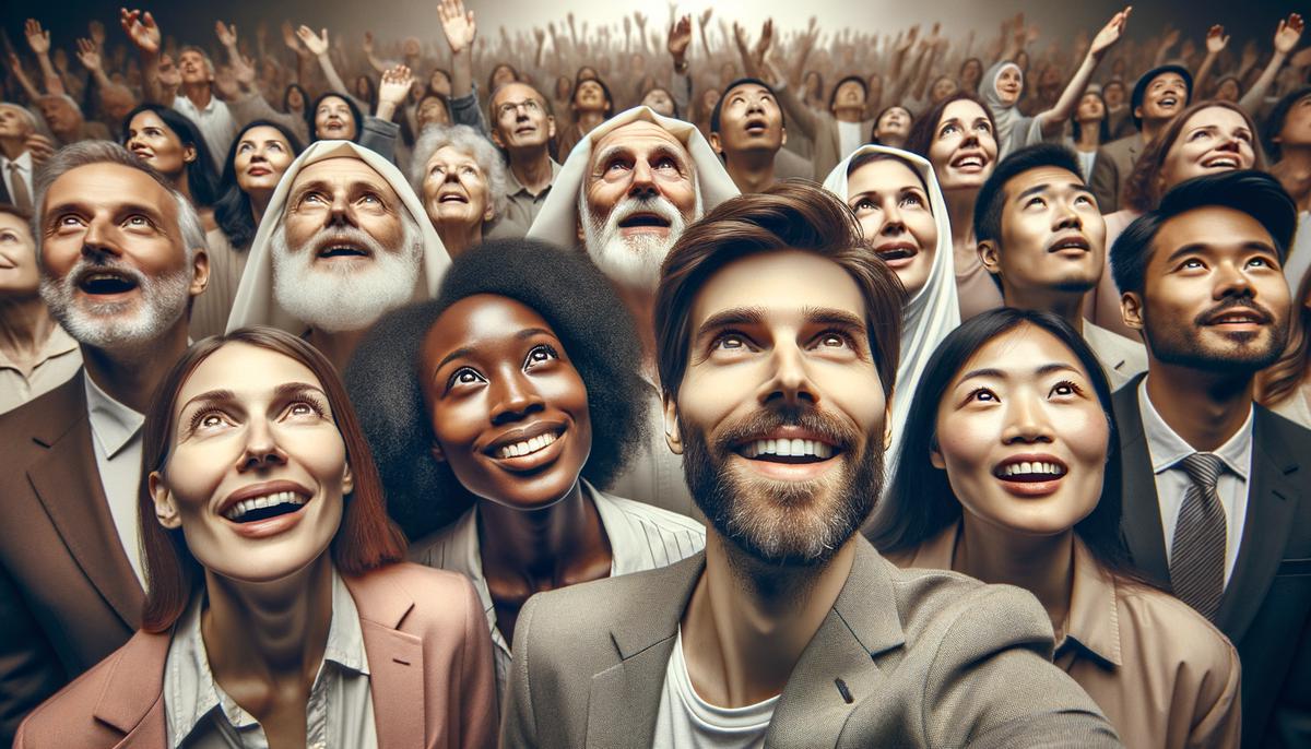 Diverse group of Christians looking up with expressions of hope and anticipation