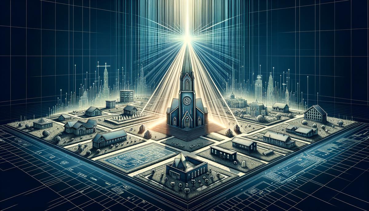 A lighthouse-shaped church building casting a bright beam of light across a diverse cityscape