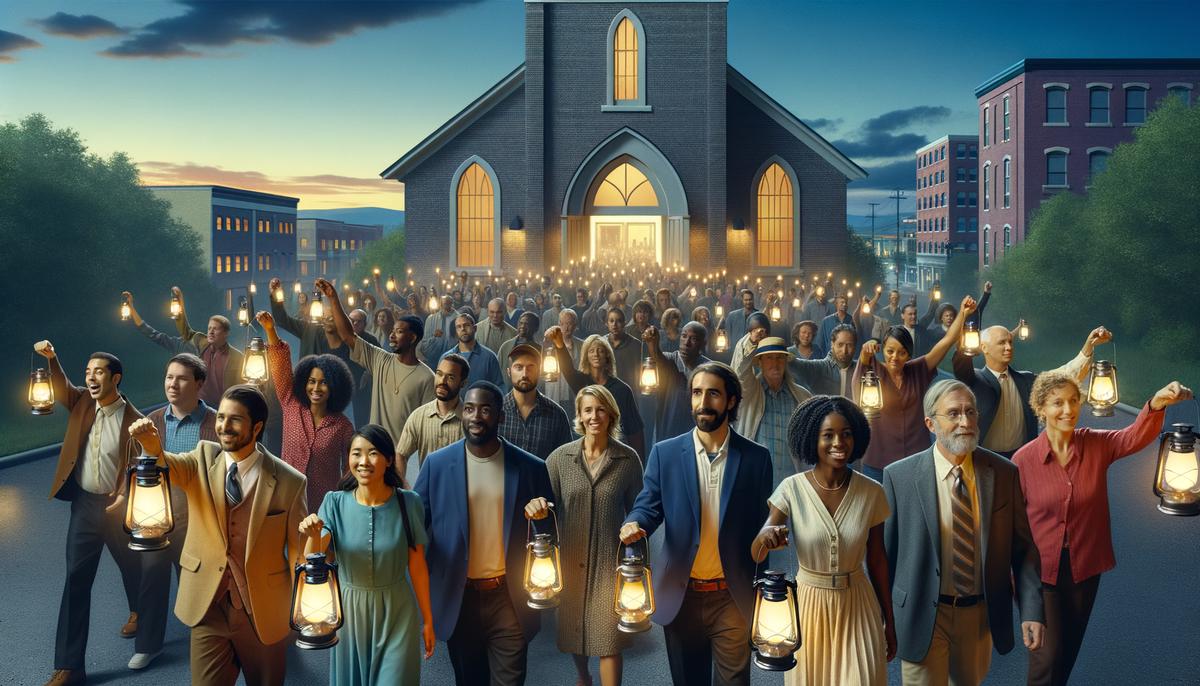 Diverse group of people holding lanterns and walking into their community