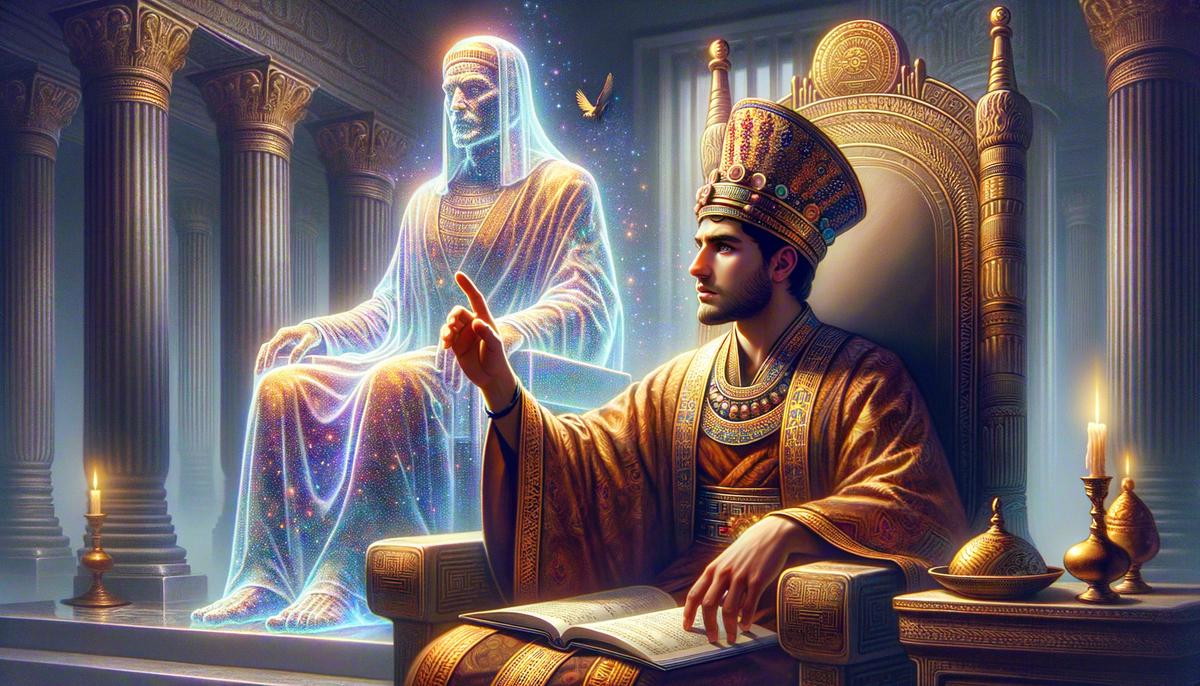 Daniel interpreting Nebuchadnezzar's dream, with a faint image of the statue in the background