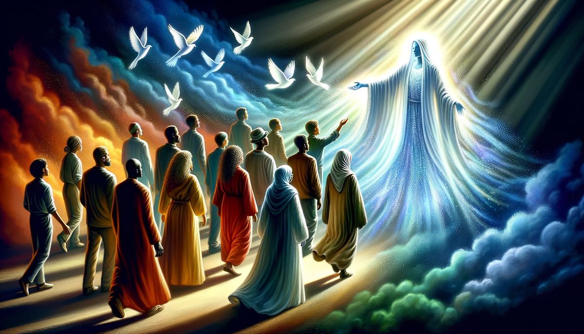 A radiant figure representing the Divine Counselor extending a hand of guidance to people in darkness