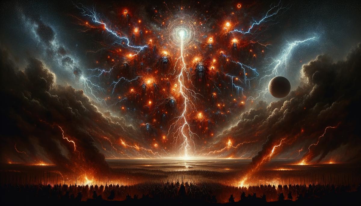 A dramatic scene of divine intervention during the Gog and Magog battle