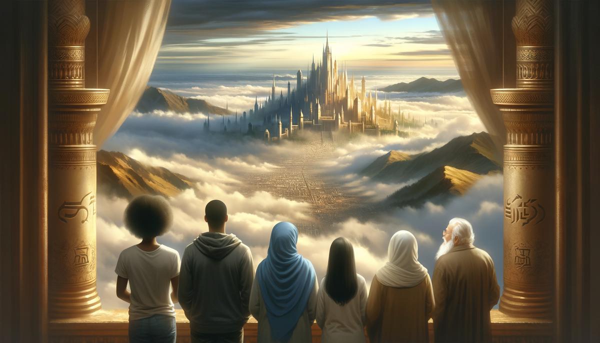 A radiant kingdom descending from heaven, contrasting with fading earthly empires