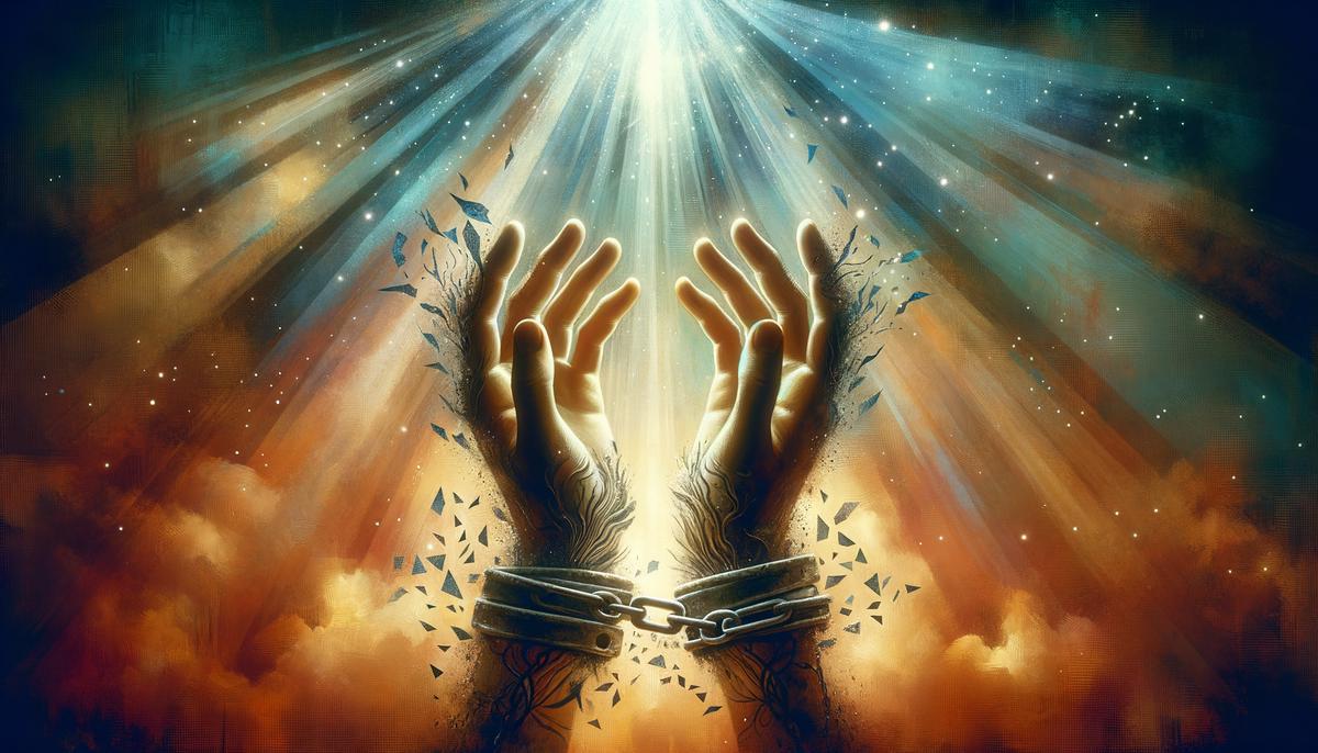 Broken chains falling away from outstretched hands, symbolizing forgiveness and freedom