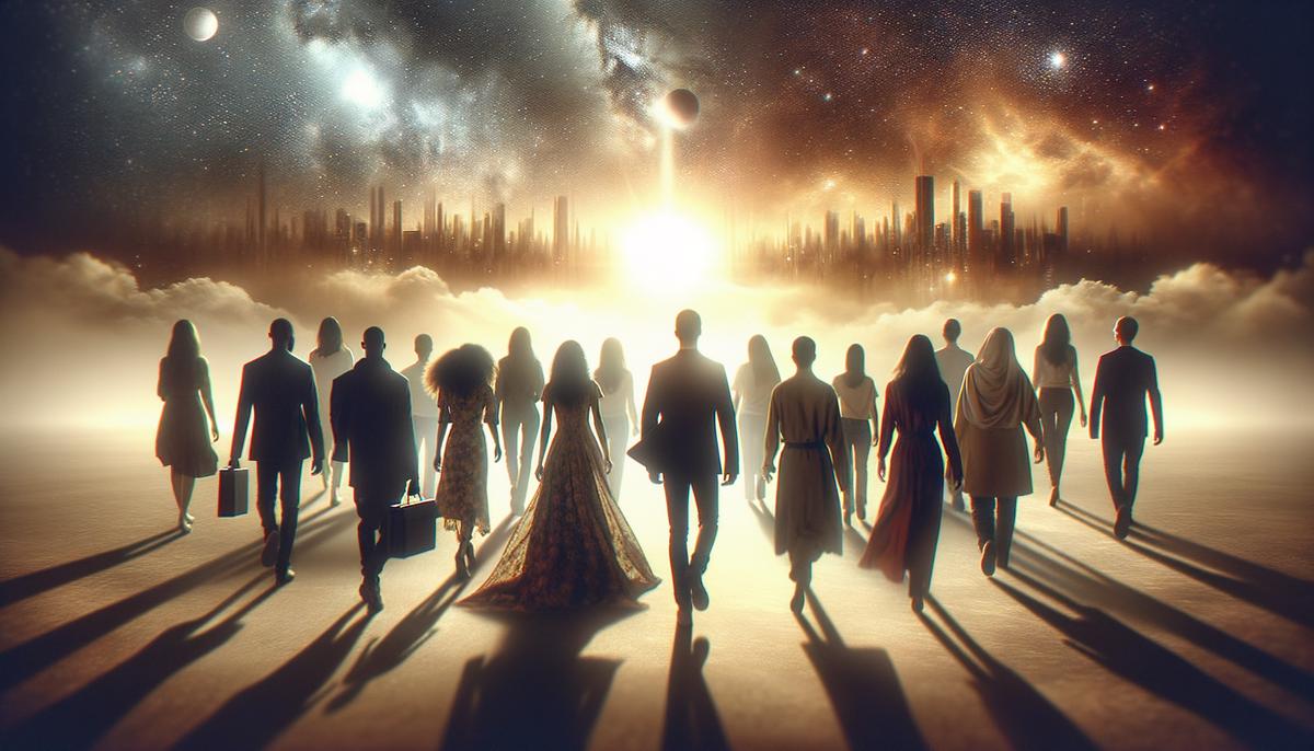 A diverse group of people walking towards a bright horizon with a celestial city silhouette