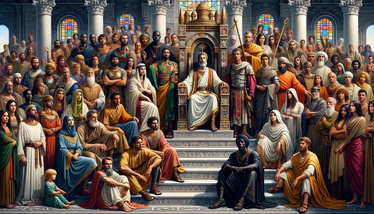 A diverse group gathered around a throne, with people from various cultures and ethnicities