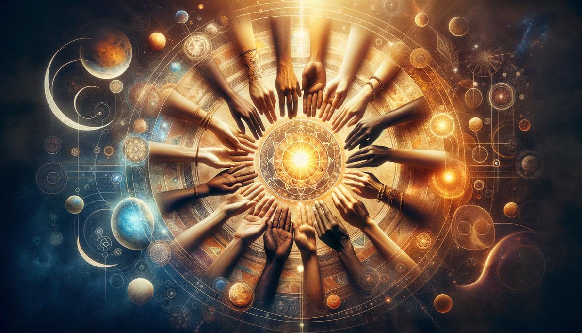 Multiple hands of different skin tones joining together, with a divine light shining through