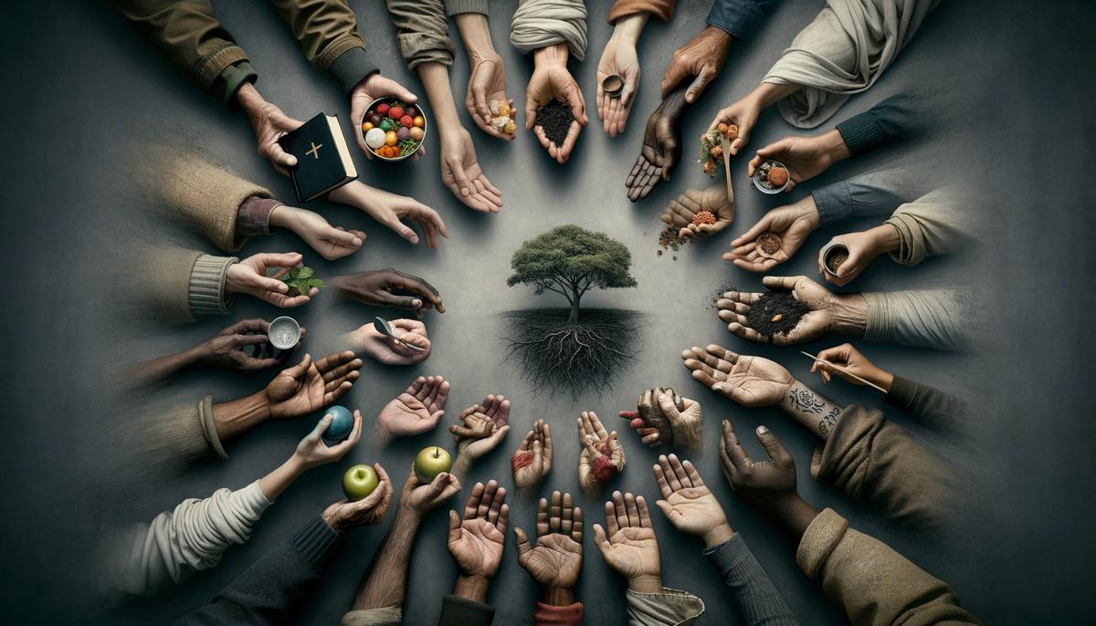 Multiple hands of different skin tones working together on various community service tasks