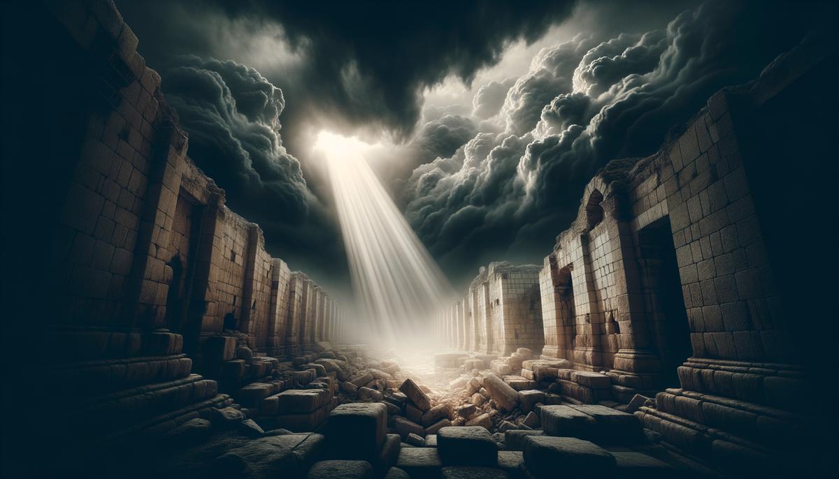 A ray of light shining through dark storm clouds onto ancient ruins