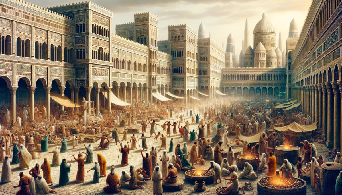 A depiction of ancient Israel with contrasting scenes of prosperity and idolatry