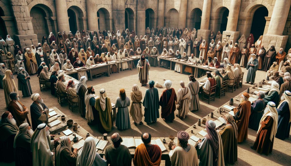 Depiction of the Jerusalem Council with apostles and elders in discussion