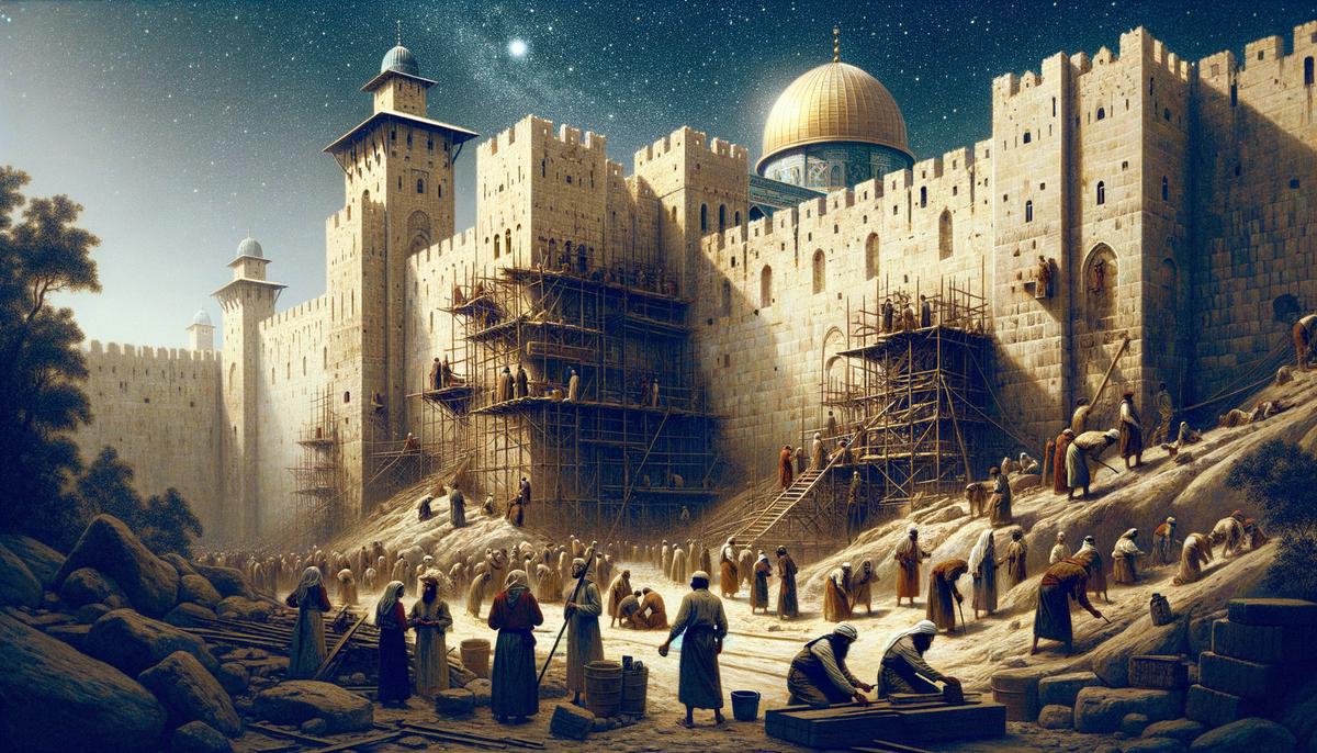 An artistic depiction of ancient Jerusalem being rebuilt, with workers and scaffolding around the city walls