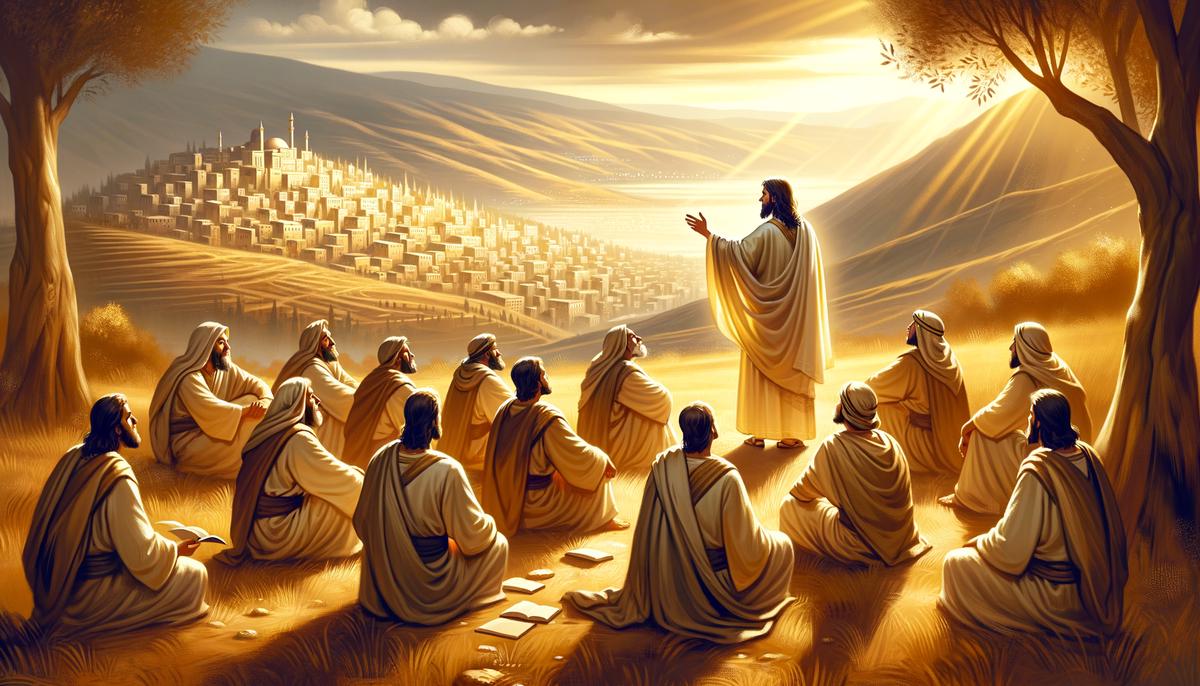 A serene illustration of Jesus teaching his disciples on the Mount of Olives, with Jerusalem in the background