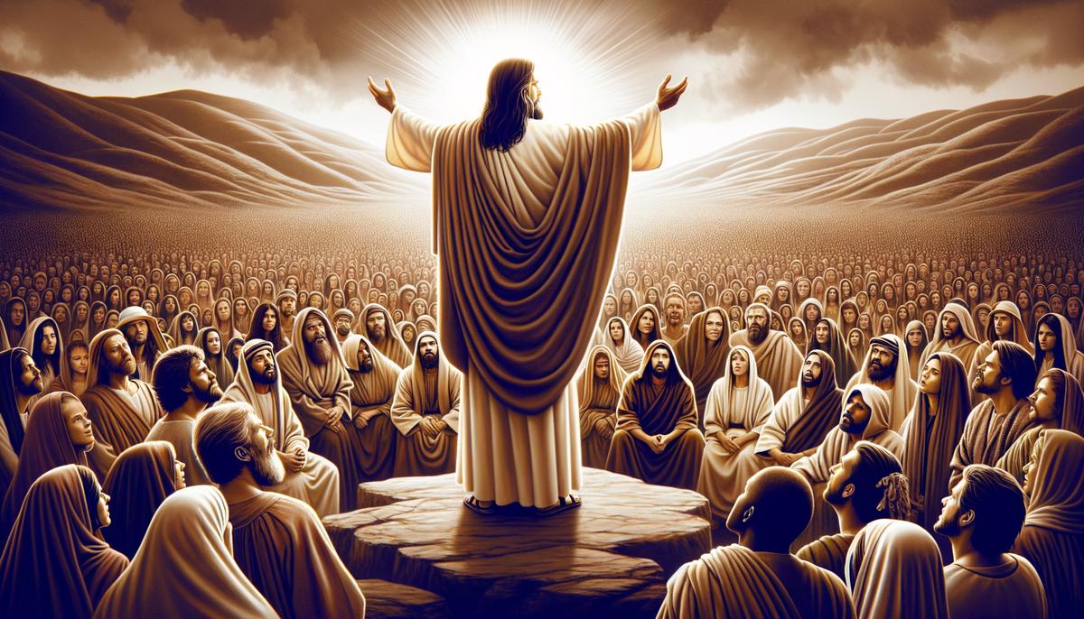 Jesus delivering the Sermon on the Mount to a large crowd of followers