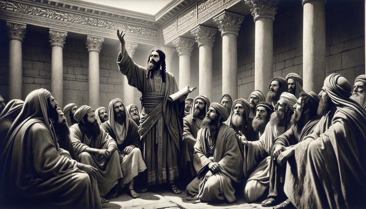 Jesus teaching a group of Pharisees, gesturing towards heaven while standing in the temple courtyard