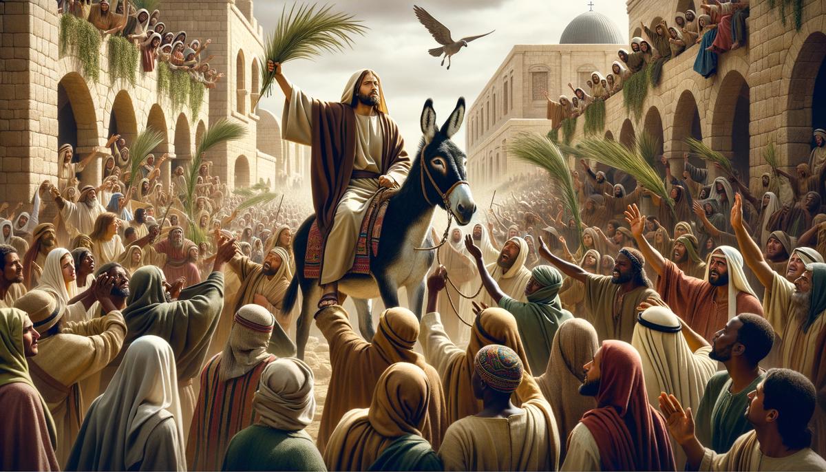 Jesus riding a donkey into Jerusalem, surrounded by cheering crowds