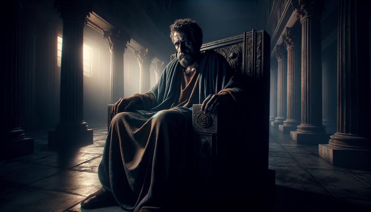 King Ahaz sitting on his throne in a dimly lit room, looking troubled and uncertain