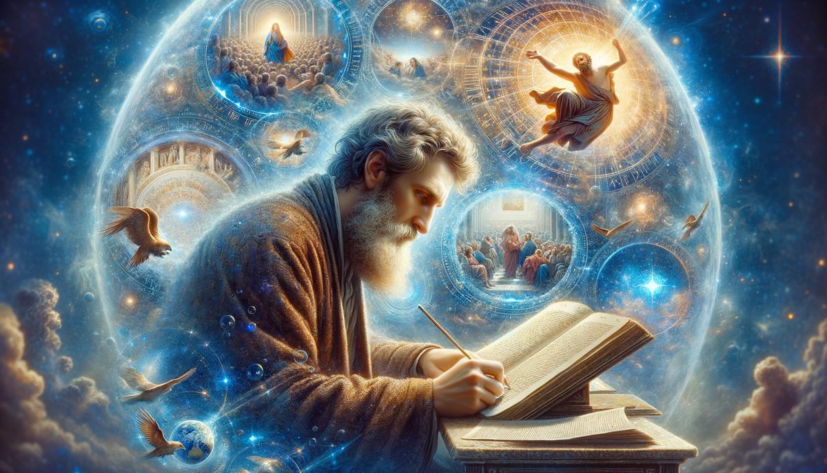 Matthew writing his gospel, with visions of Old Testament prophecies and Jesus' birth