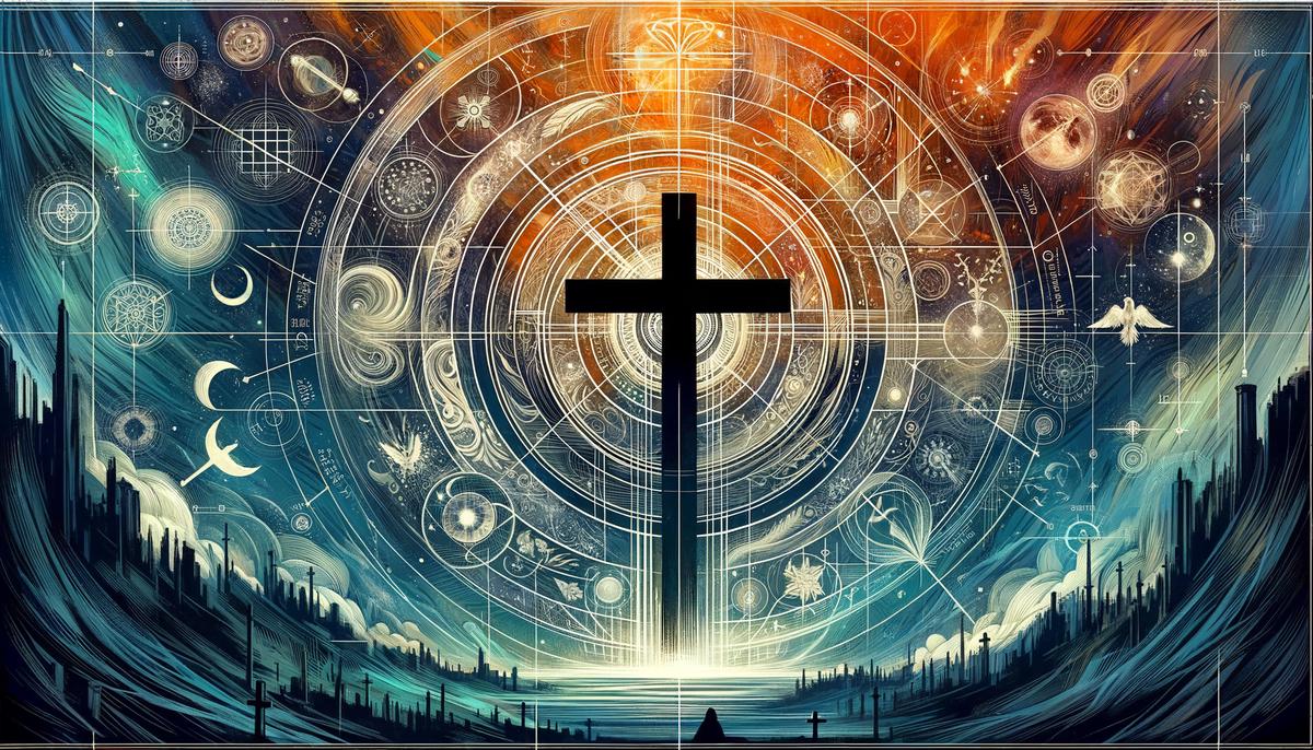 A symbolic representation of the Messiah's sacrifice, with a cross silhouetted against a backdrop of prophetic symbols