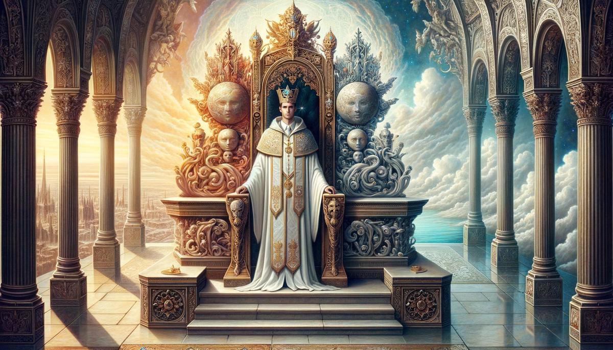 A figure representing the Messiah standing between a throne and an altar, wearing both a crown and priestly vestments