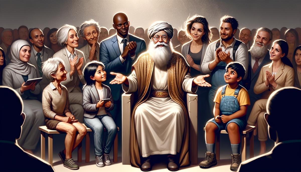 A wise leader figure making judgments with compassion and insight