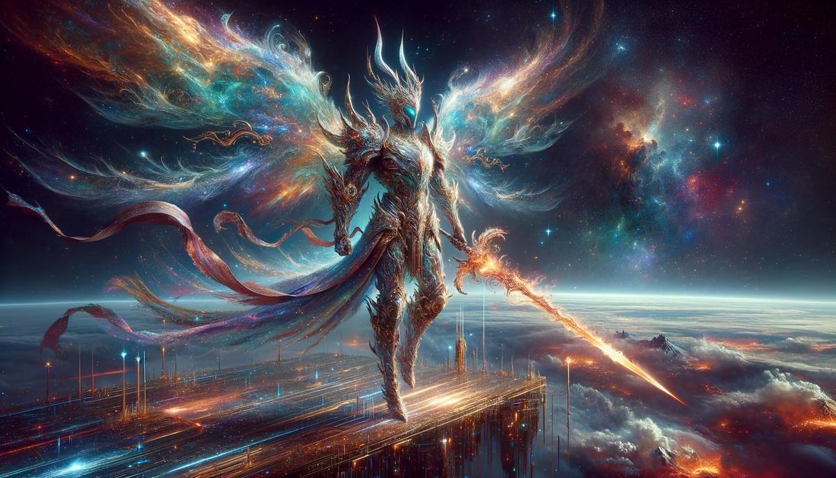 A celestial warrior in armor, standing ready with a flaming sword, overlooking a turbulent landscape