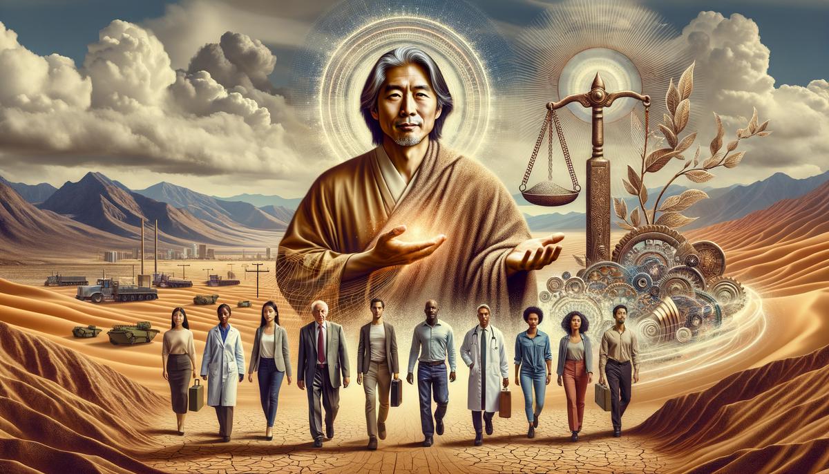 A modern spiritual leader guiding a diverse group of people through various challenges