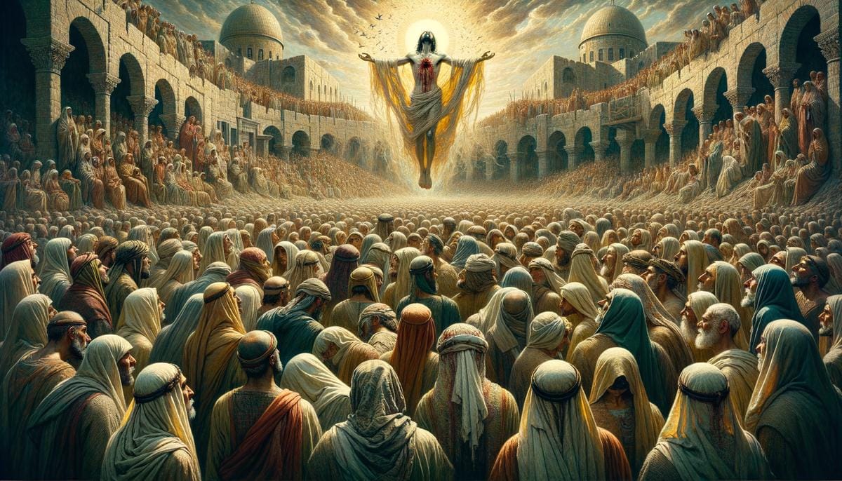 A crowd of people in mourning, looking up at a pierced figure