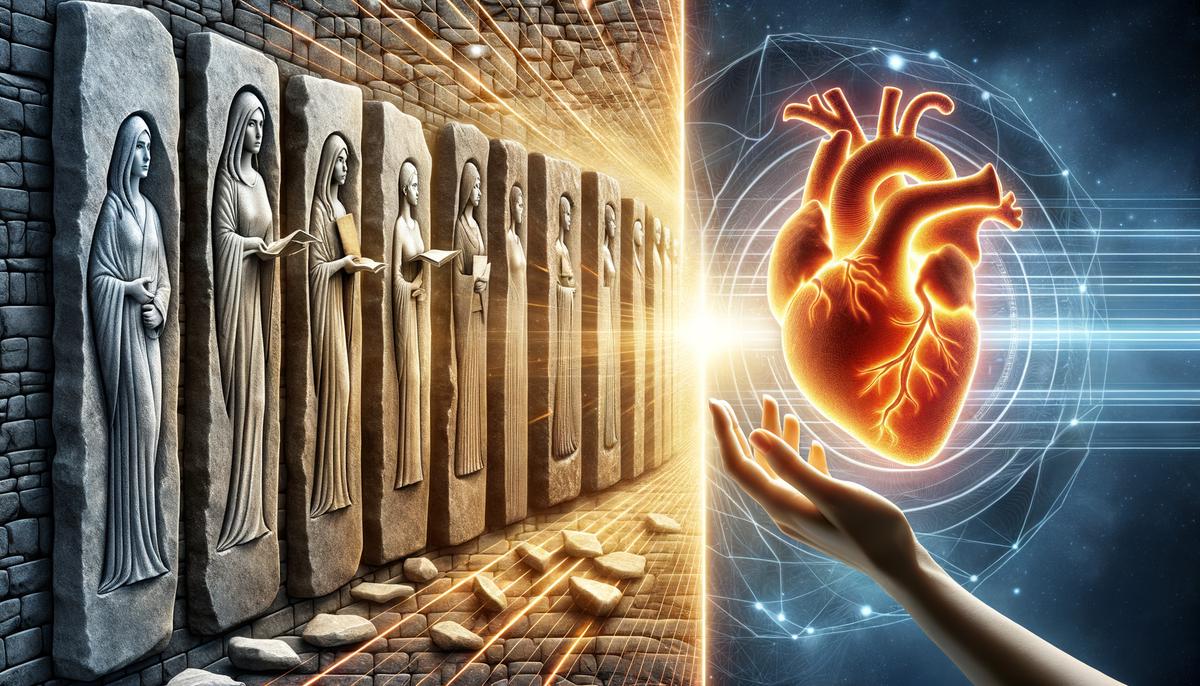 A split image showing stone tablets and a glowing heart, representing the transition from Old to New Covenant