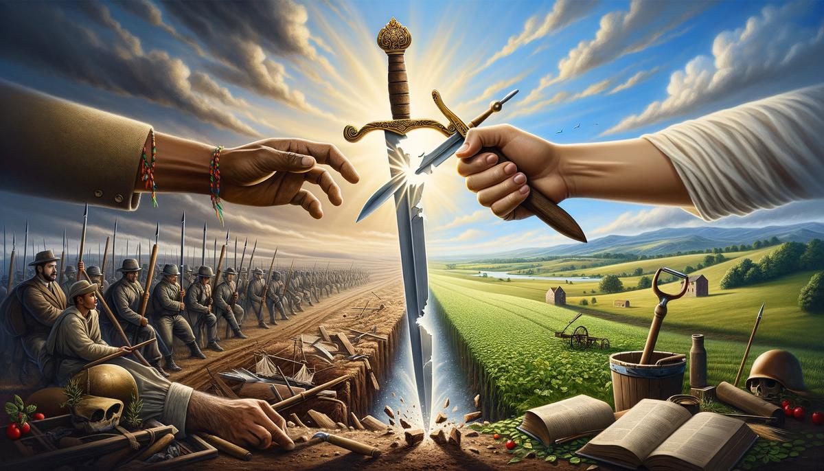 Hands breaking a sword and forming it into a tool of peace