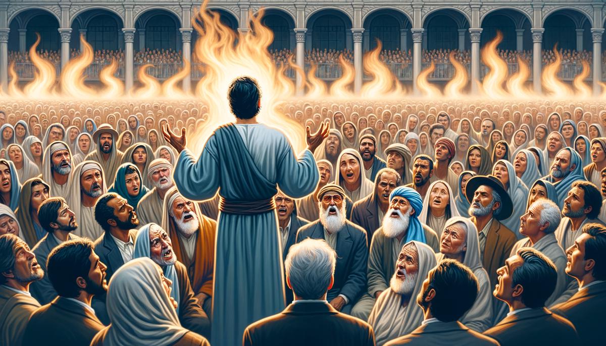 Peter preaching to a diverse crowd at Pentecost