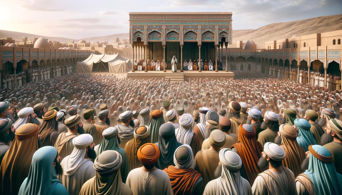 A prophet speaking to a large crowd of Israelites in a desert setting