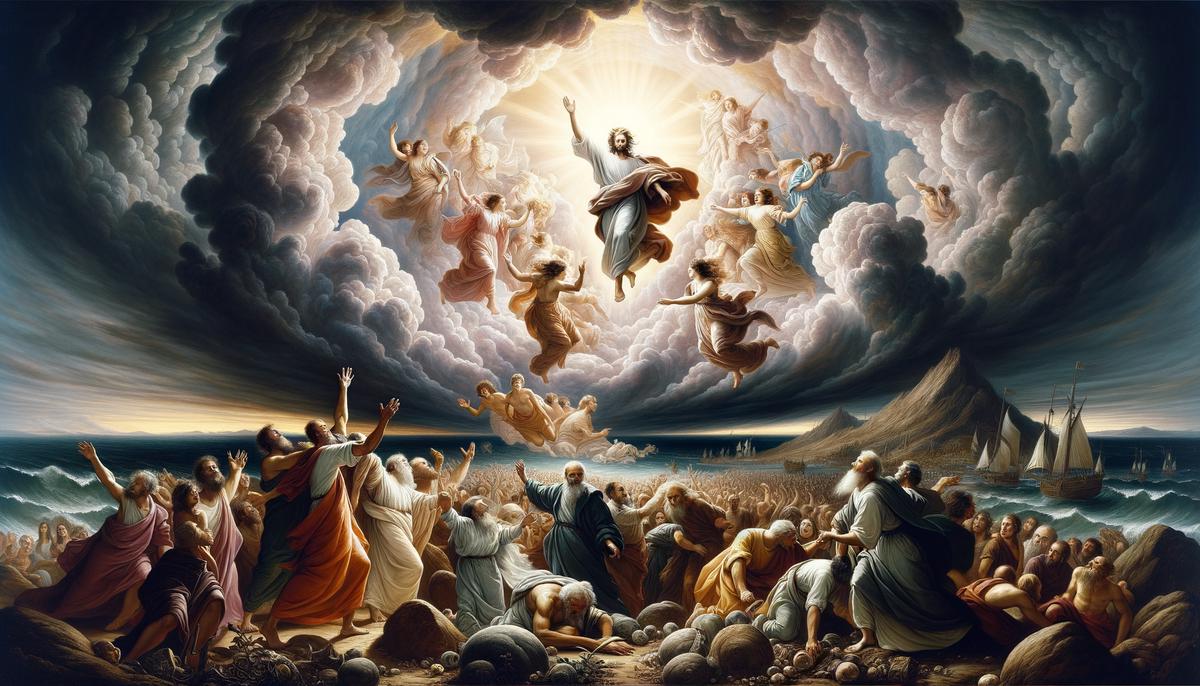 Symbolic representation of end times events including the Rapture, Tribulation, and Second Coming