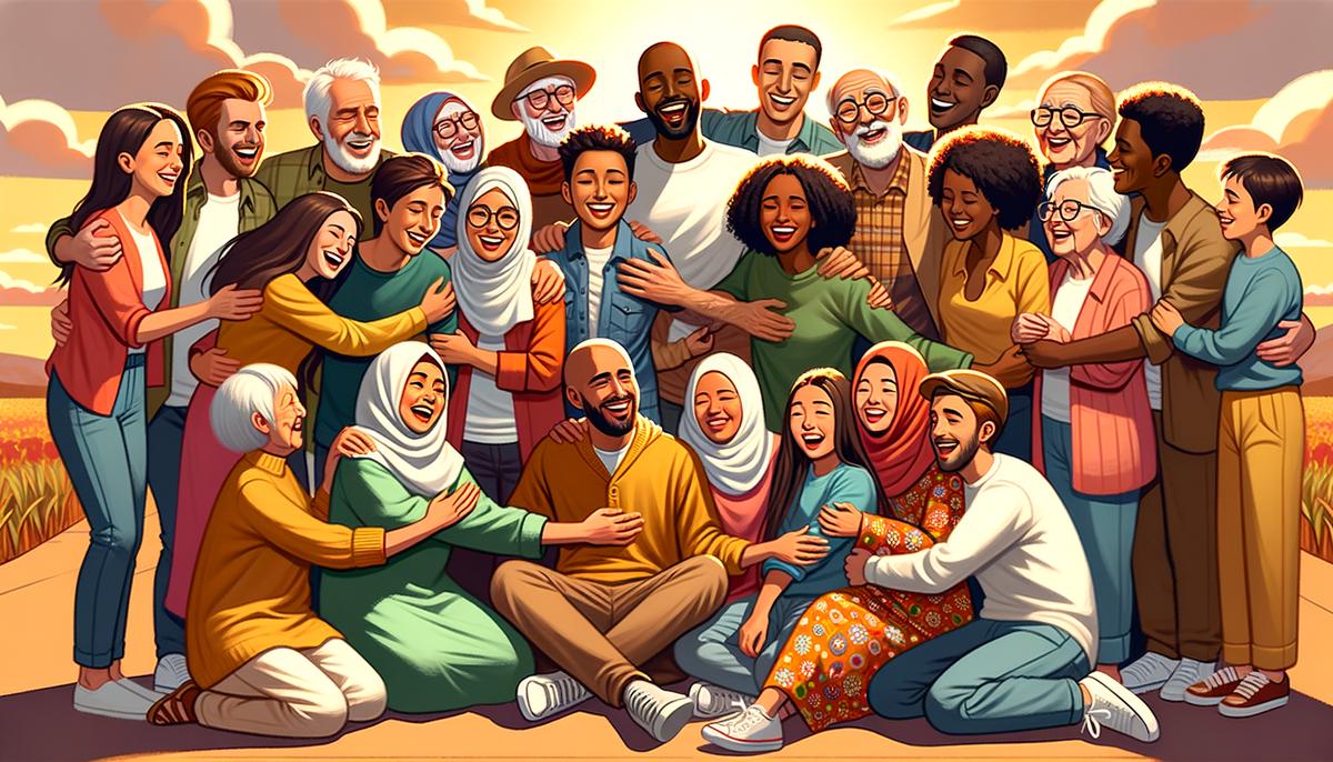 Diverse group of people embracing, symbolizing reconciled relationships