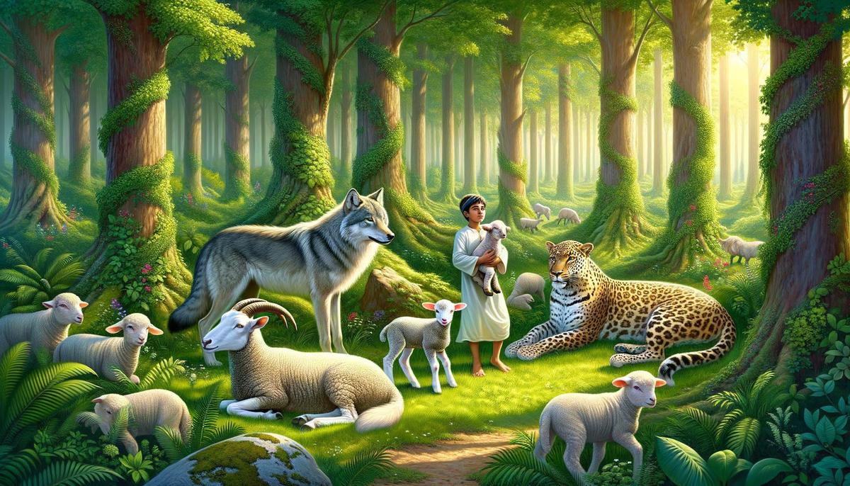 A peaceful scene of predators and prey coexisting in a lush environment