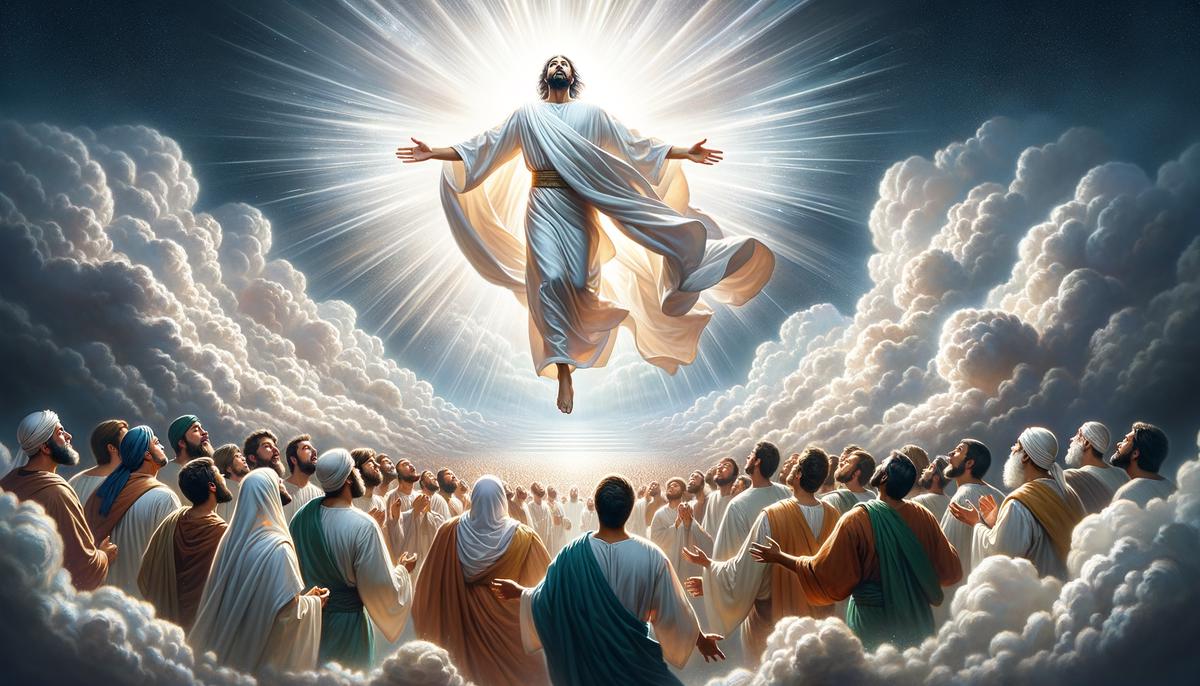 The resurrected Christ ascending to heaven, surrounded by light and disciples watching from below