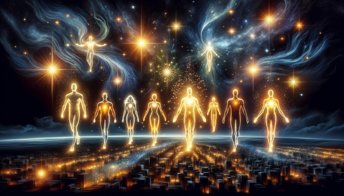 Human figures transformed into brilliant stars, illuminating a dark world below