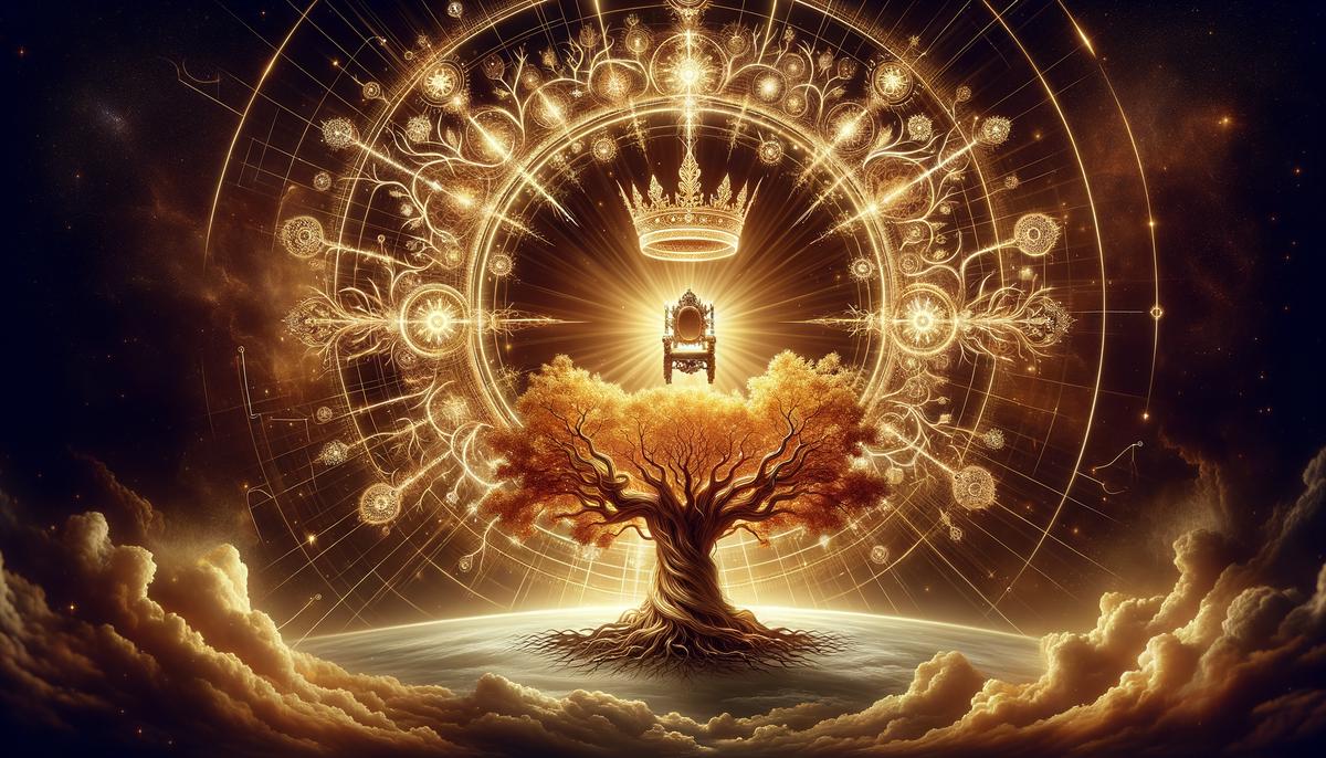 A family tree sprouting from King David's crown, with branches extending towards a radiant throne