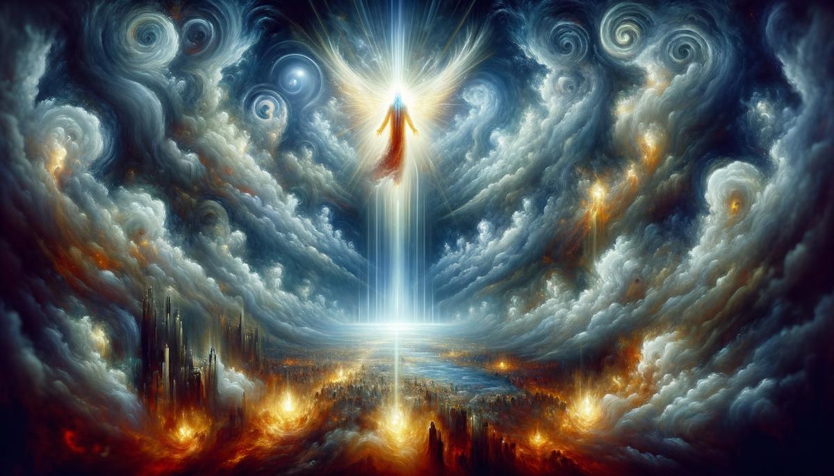 Majestic figure descending from clouds with power and glory