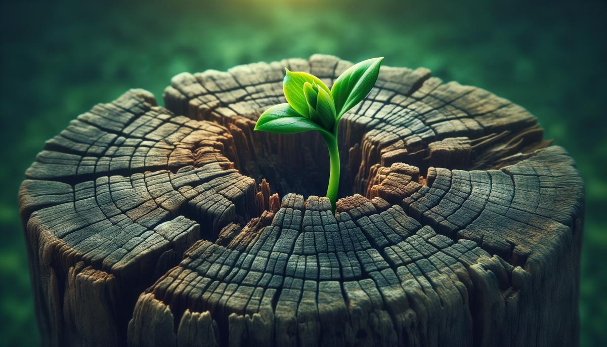 A green shoot sprouting from an old tree stump symbolizing new hope